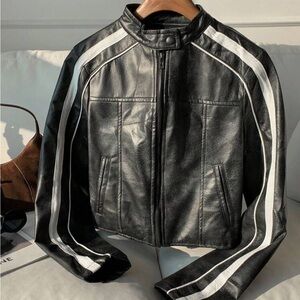 Striped Side-Zip Faux Leather Jacket For Everyday Wear NWOT